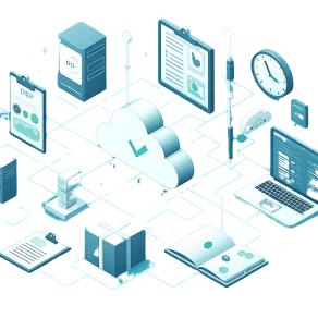 Imagem abstrata de computadores e sistemas conectados á uma nuvem