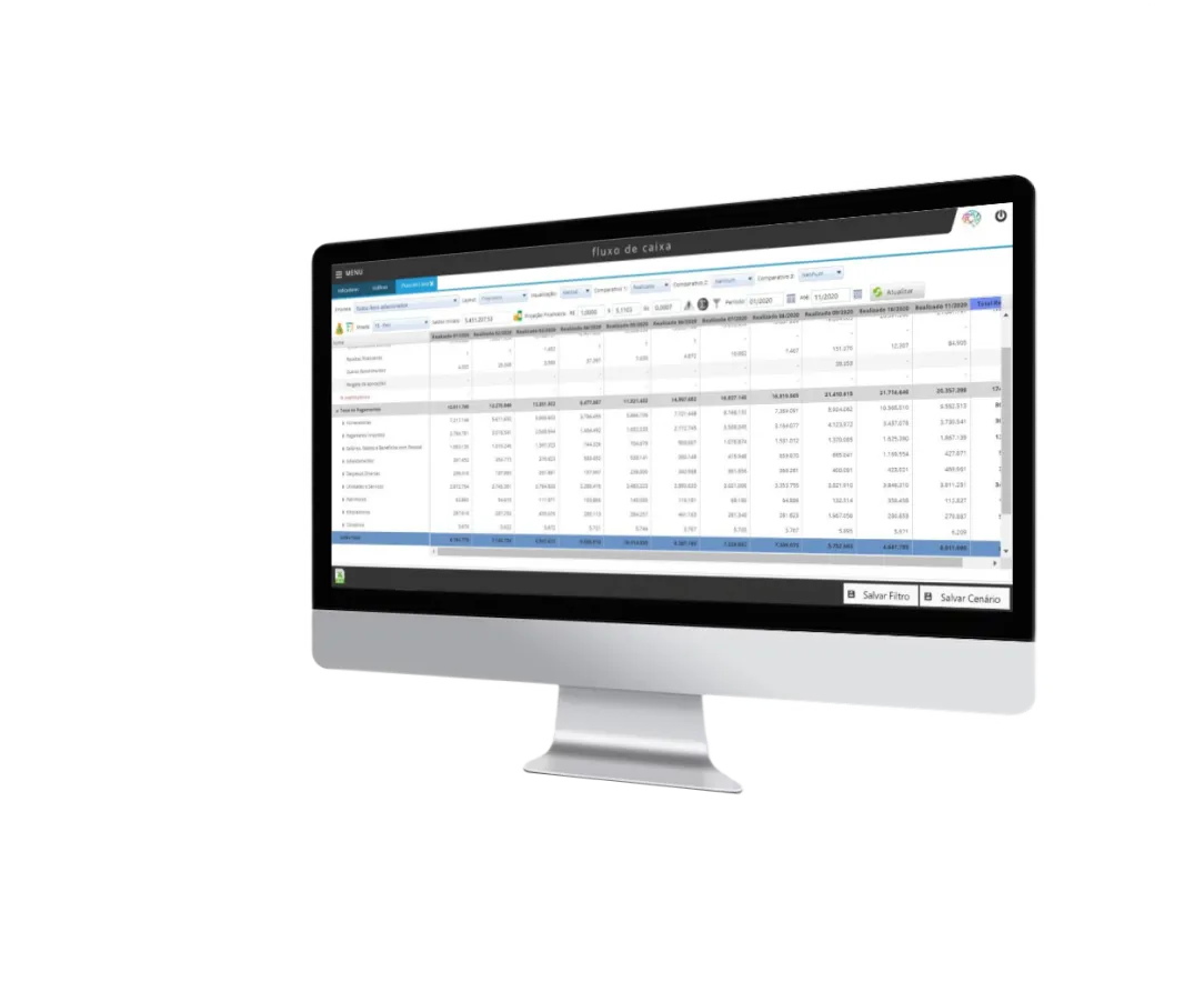 Um monitor mostrando na tela a interface da funcionalidade do Fluxo de Caixa